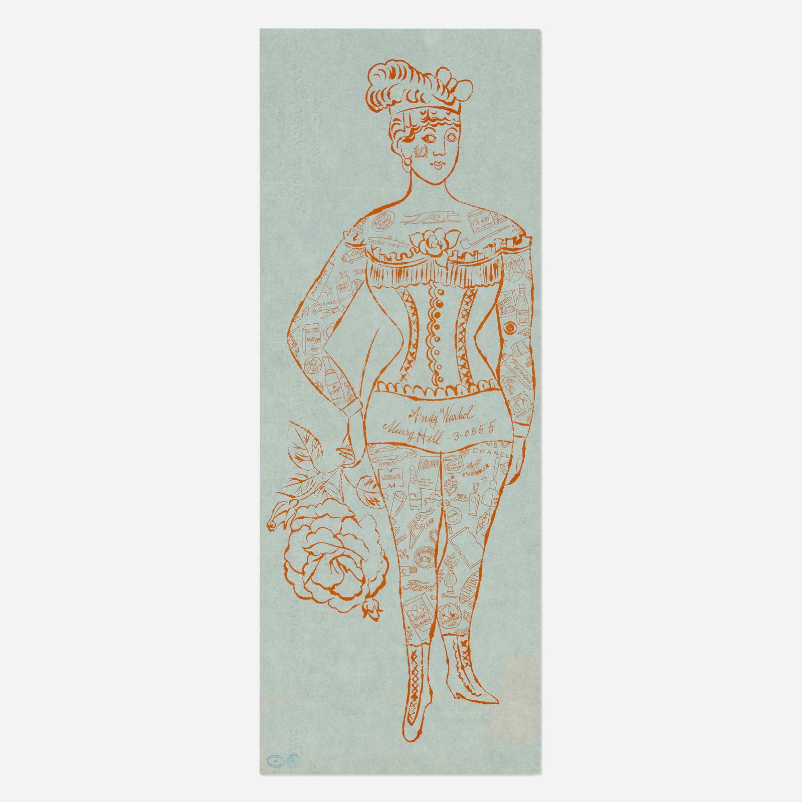 Andy Warhol, Tattooed Woman Holding Rose: Andy Warhol Tattooed Woman Holding Rose 1955offset lithograph in orange on green thin wove paper 28.75 h x 11 w in (73 x 28 cm) Estate and foundation stamps to lower left.