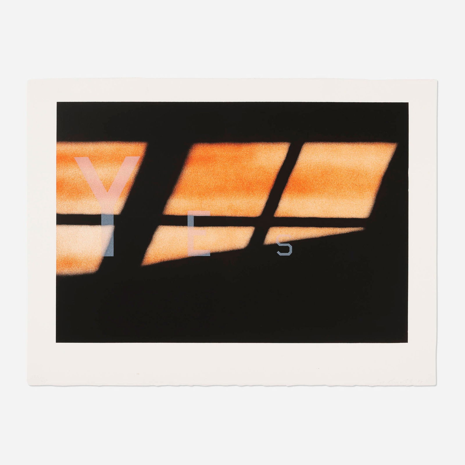 Ed Ruscha, Yes: Ed Ruscha Yes 1984lithograph in colors on BFK Rives image: 17.625 h x 25.875 w in (45 x 66 cm) sheet: 22.5 h x 30 w in (57 x 76 cm) Signed, dated and numbered to lower margin '23/25 Ed Rusc