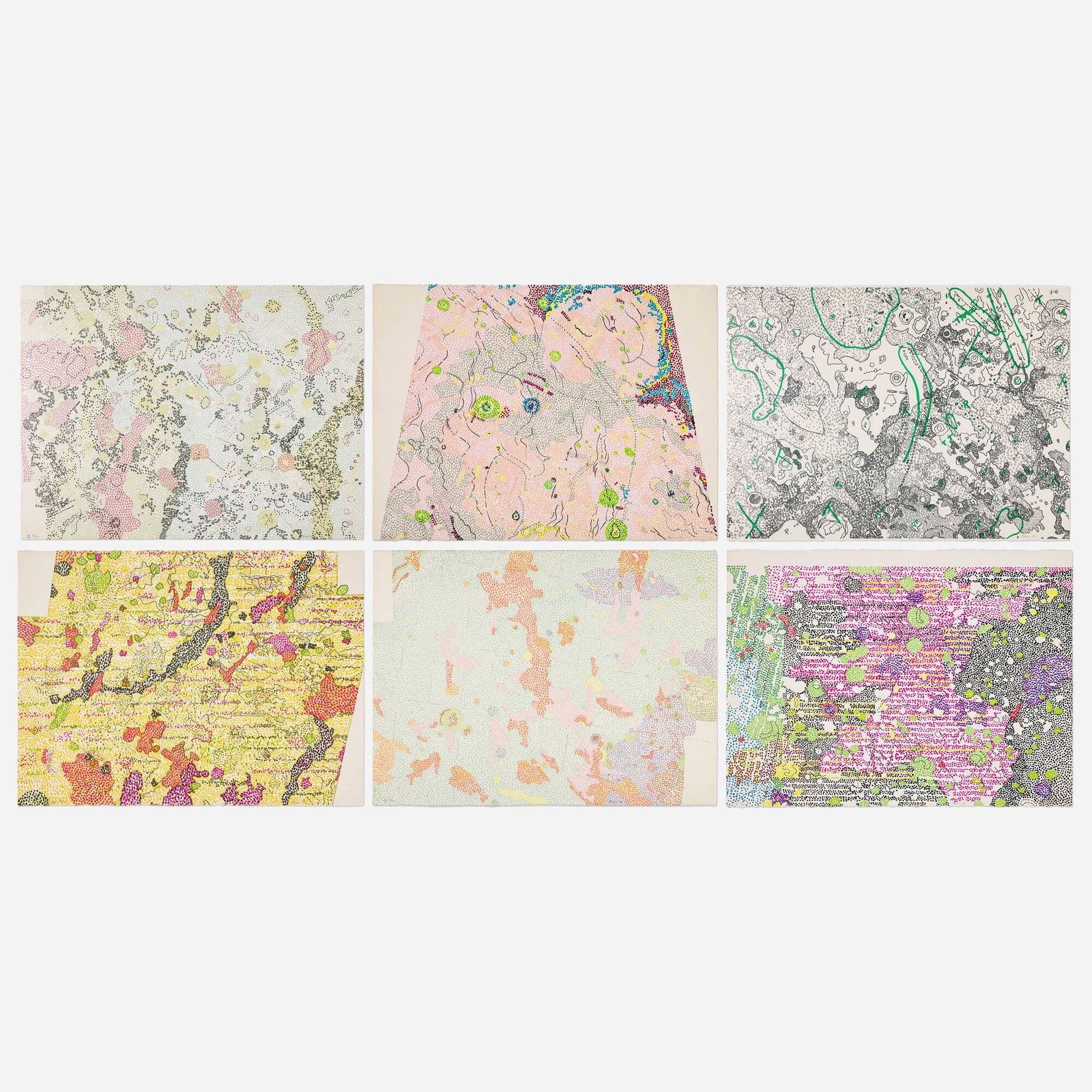 Nancy Graves, Six works from the Lithographs Based on Geologic Maps of Lunar Orbiter and Apollo: Nancy Graves Six works from the Lithographs Based on Geologic Maps of Lunar Orbiter and Apollo Landing Sites series 1972lithograph in colors on Arches; lithograph in colors on Mylar laid to Arches la