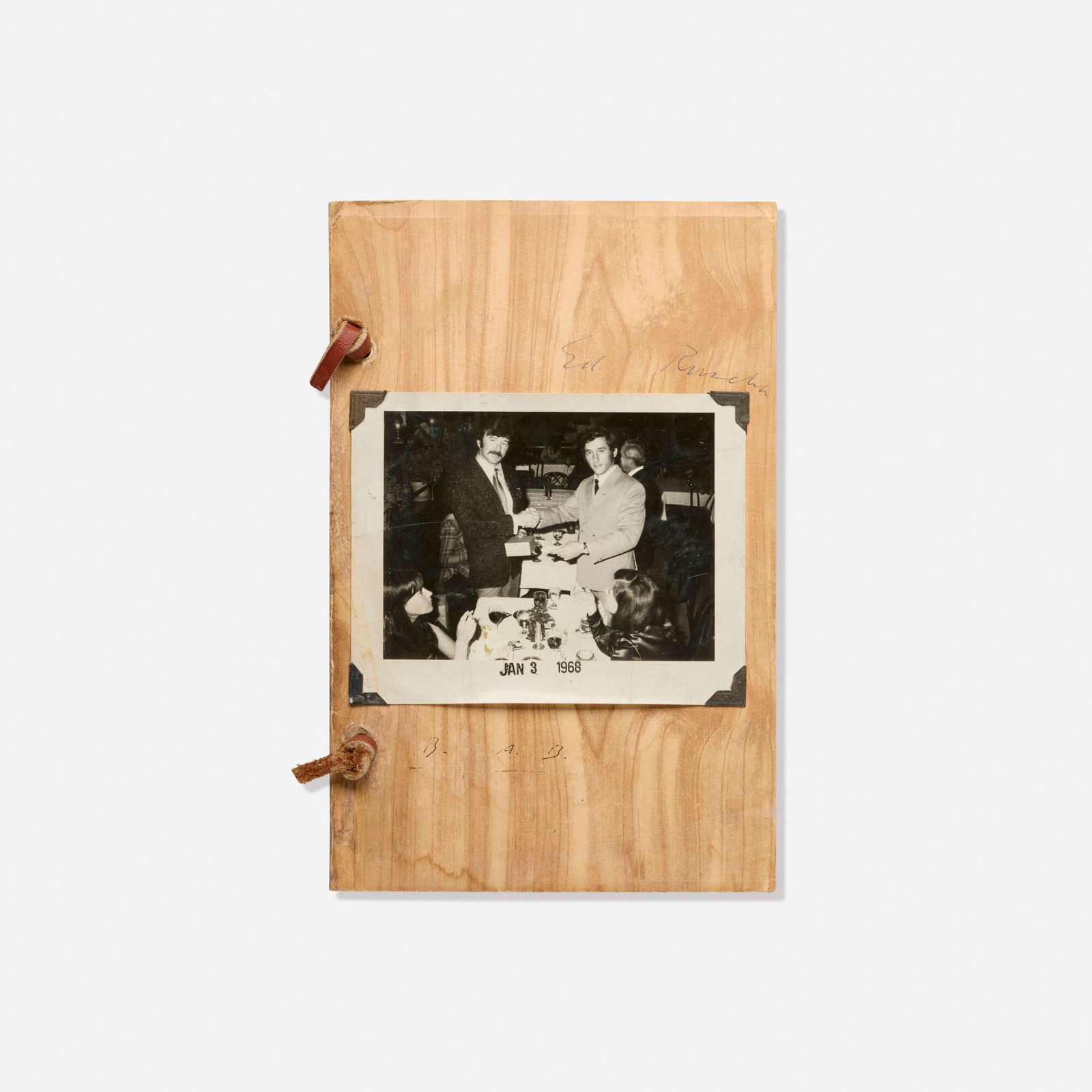 Ed Ruscha and Billy Al Bengston, Business Cards: Ed Ruscha and Billy Al Bengston Business Cards 1968offset printing on paper, gelatin silver print, stapled cards and leather 8.75 h x 5.625 w x 0.25 d in (22 x 14 x 1 cm) Signed to cover 'Ed R