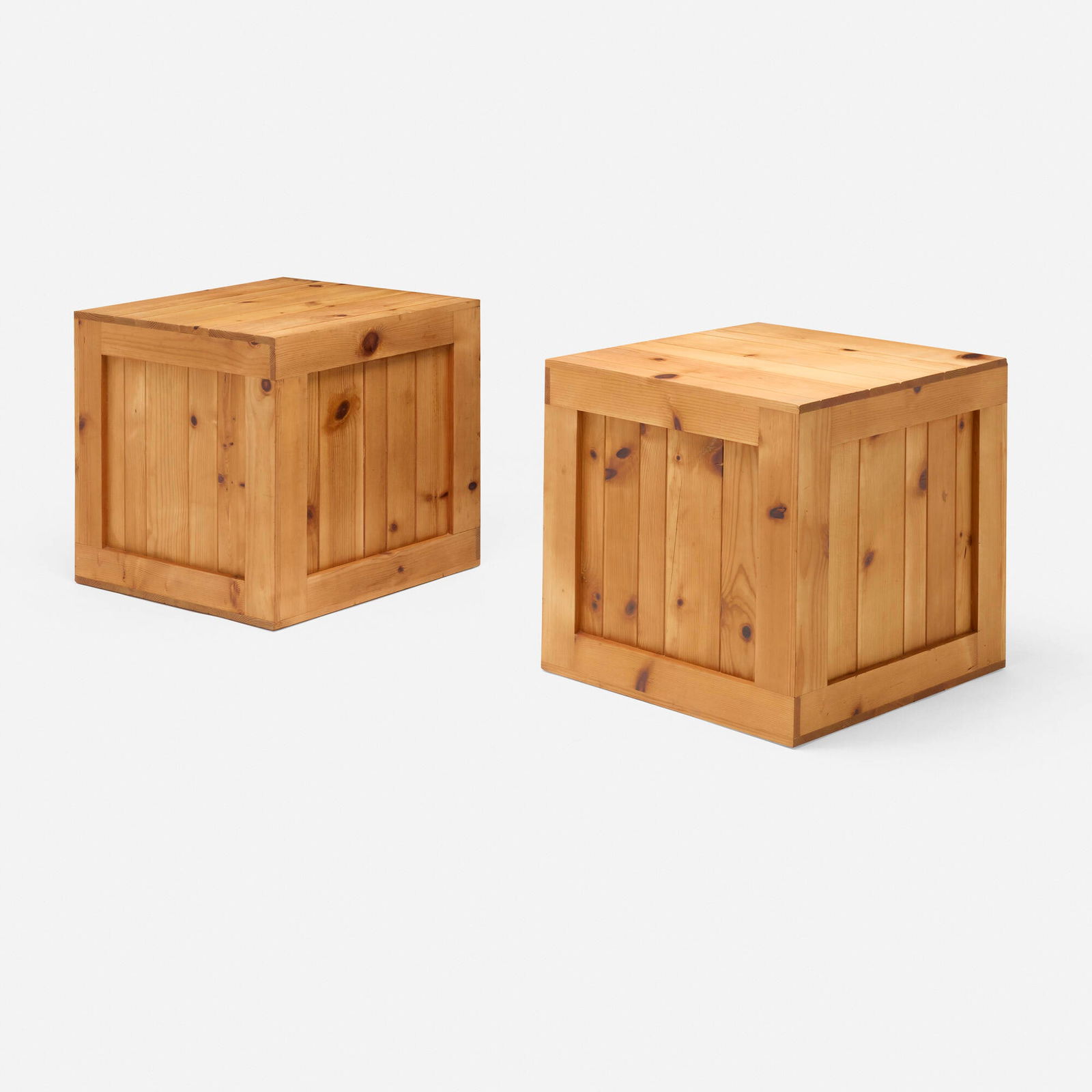 John Dickinson, Crate tables from the Firehouse, San Francisco, pair: John Dickinson Crate tables from the Firehouse, San Francisco, pair USA, 1970pine 28 h x 28 w x 28 d in (71 x 71 x 71 cm) These tables were designed for Lawrence Maloney, Dickinson's longtime