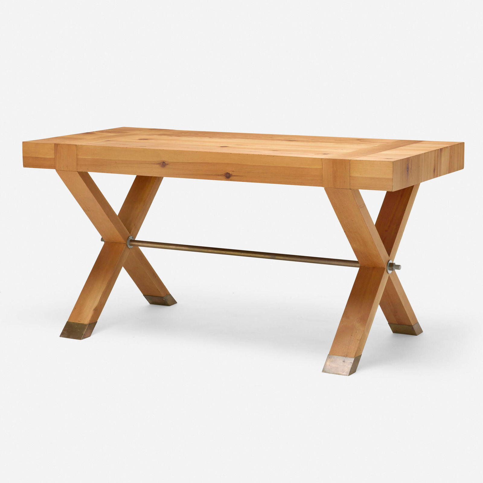 John Dickinson, Table from the Firehouse, San Francisco: John Dickinson Table from the Firehouse, San Francisco USA, 1970pine, brass, steel 29.5 h x 60 w x 28 d in (75 x 152 x 71 cm) This table was designed for Lawrence Maloney, Dickinson's longtime