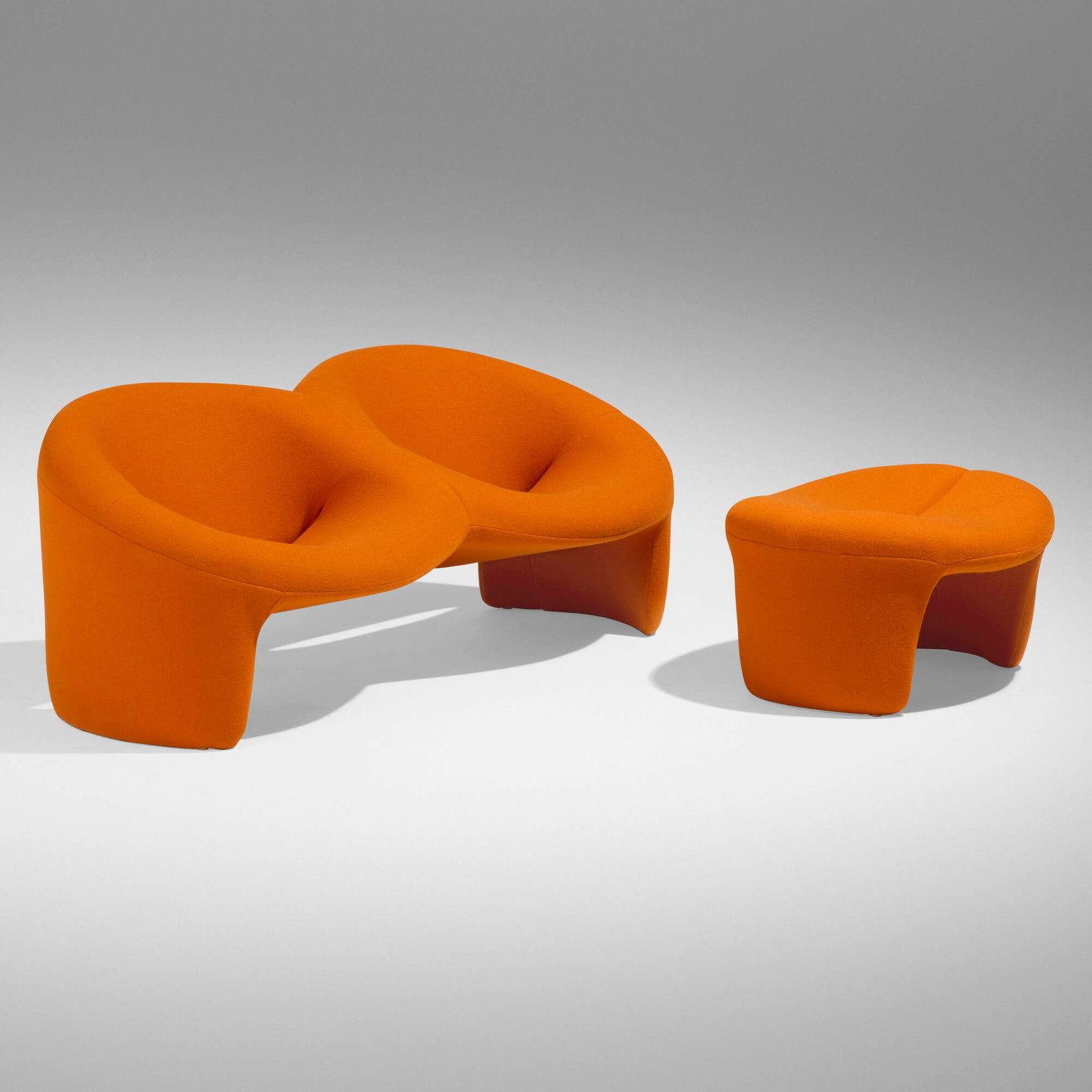 Olivier Mourgue, Rare Montreal sofa and ottoman: Olivier Mourgue Rare Montreal sofa and ottoman Airborne InternationalFrance, 1967upholstery over foam and steel sofa: 23.5 h x 63 w x 29 d in (60 x 160 x 74 cm) ottoman: 14 h x 29 w x 24 d i