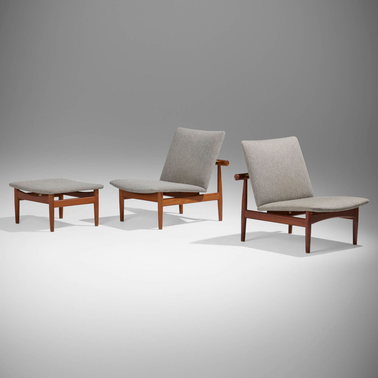 Finn Juhl, Japan chairs model 137, pair and ottoman: Finn Juhl Japan chairs model 137, pair and ottoman France & SonDenmark, 1953teak, upholstery, brass chair: 29 h x 26.5 w x 27 d in (74 x 67 x 69 cm) ottoman: 12 h x 23 w x 20 d in (30 x 58 x