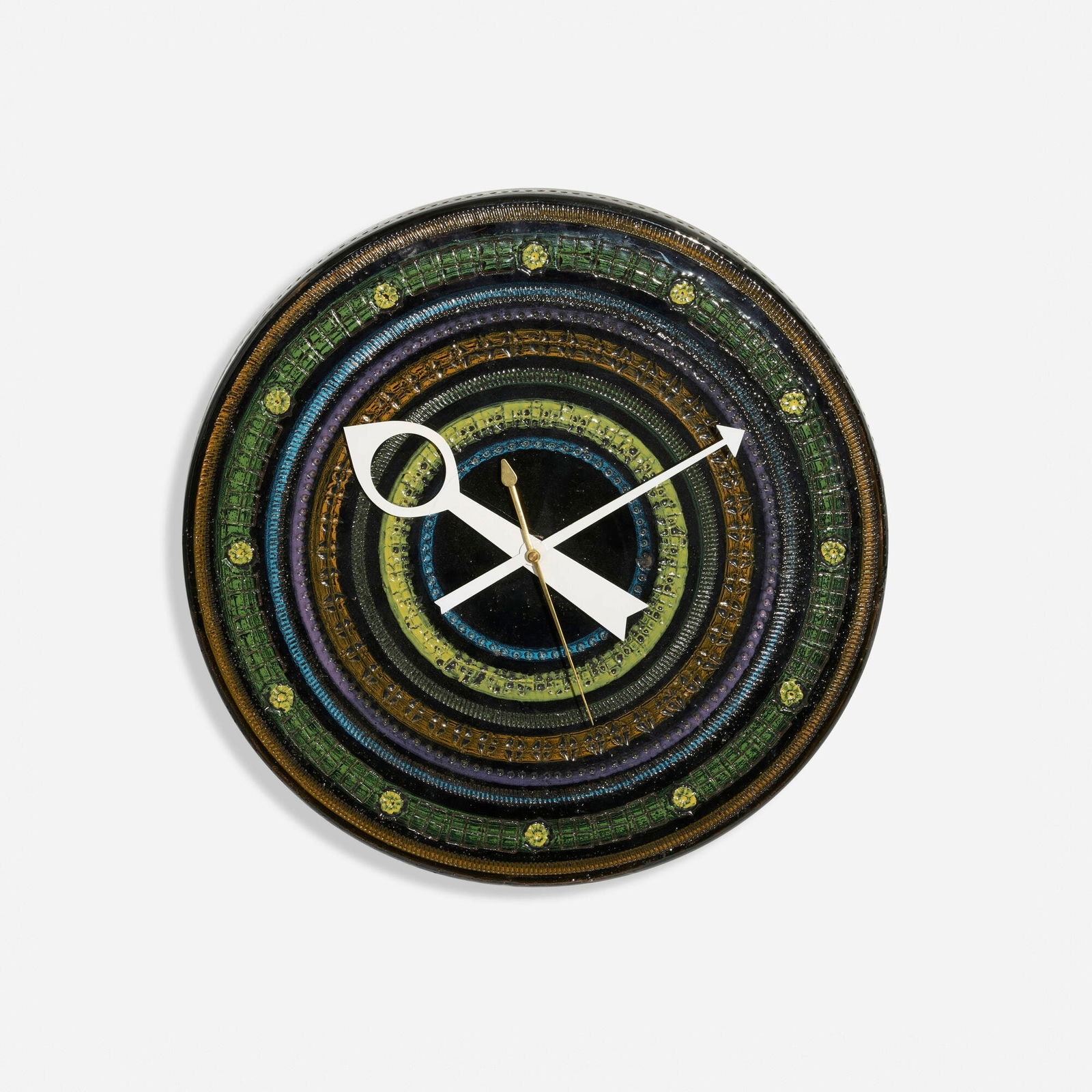 George Nelson & Associates, Meridian wall clock, model 7590: George Nelson & Associates Meridian wall clock, model 7590 Howard Miller Clock CompanyUSA, c. 1965glazed stoneware, enameled aluminum, brass 2.75 d x 14.25 dia in (7 x 36 cm) Paper manuf