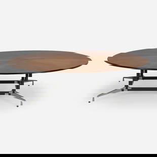 Charles and Ray Eames, Segmented Base table, model ET157: Charles and Ray Eames Segmented Base table, model ET157 Herman MillerUSA, 1964walnut, rubber, enameled steel, cast aluminum 29 h x 108.5 dia in (74 x 276 cm) Metal manufacturer's label t