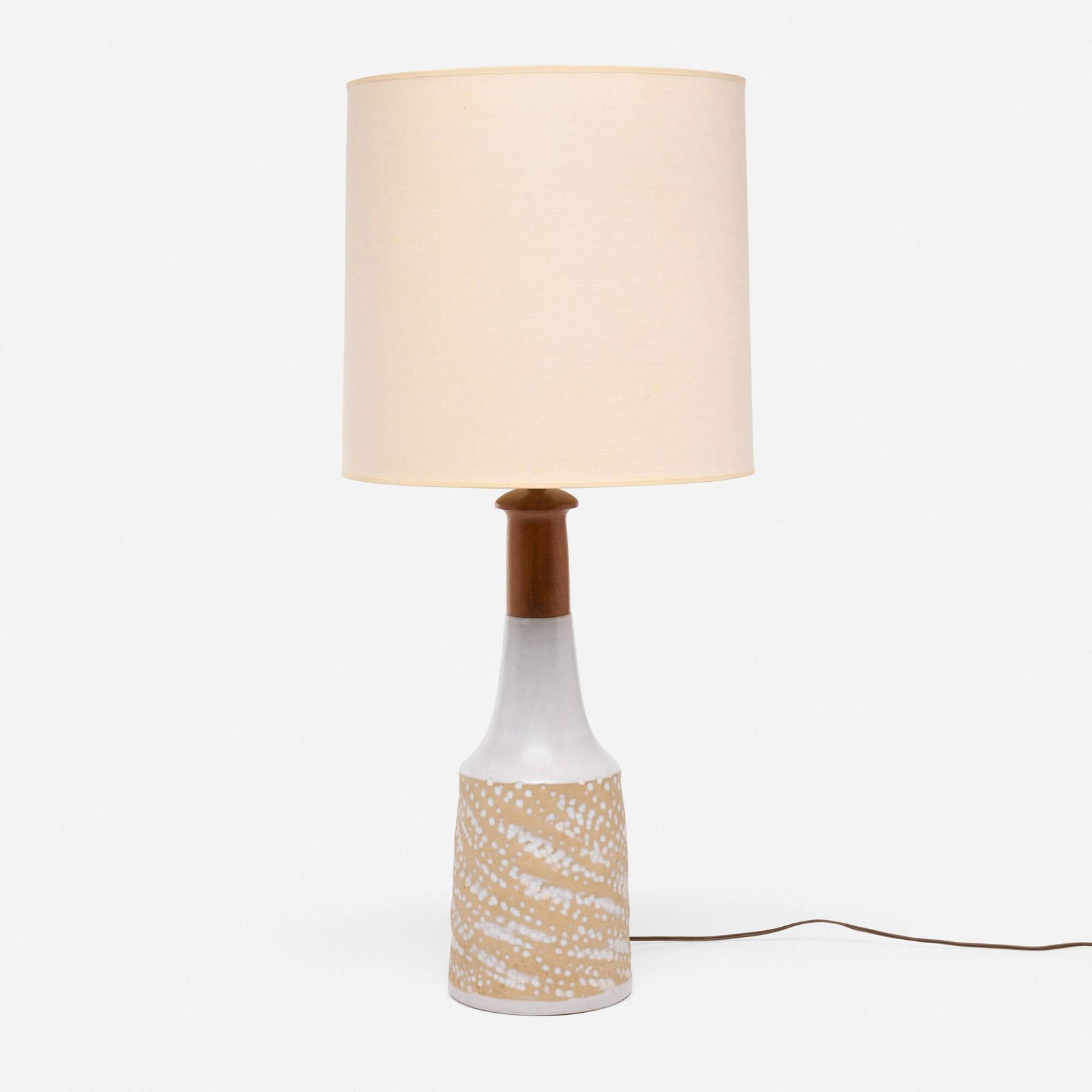 Gordon and Jane Martz, Table lamp: Gordon and Jane Martz Table lamp Marshall StudiosUSA, c. 1955glazed stoneware, walnut, linen shade 35.5 h x 16 dia in (90 x 41 cm) Incised signature to reverse 'Martz'. Li