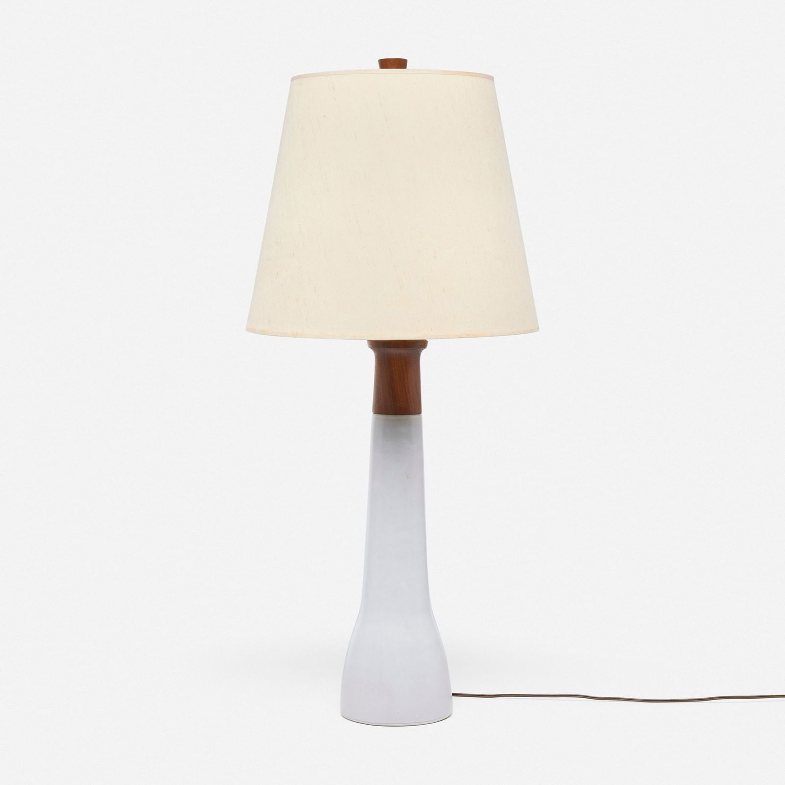 Gordon and Jane Martz, Table lamp, model 165-28: Gordon and Jane Martz Table lamp, model 165-28 Marshall StudiosUSA, c. 1955glazed stoneware, walnut, linen shade 36 h x 16 dia in (91 x 41 cm) Incised signature to verso 'Martz'.