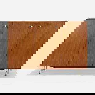 George Nelson & Associates, Thin Edge cabinet, model 5830: George Nelson & Associates Thin Edge cabinet, model 5830 Herman MillerUSA, 1952 / c. 1958walnut, enameled steel, matte chrome-plated steel, laminate 39 h x 56 w x 19.75 d in (99 x 142 x 50 cm)<