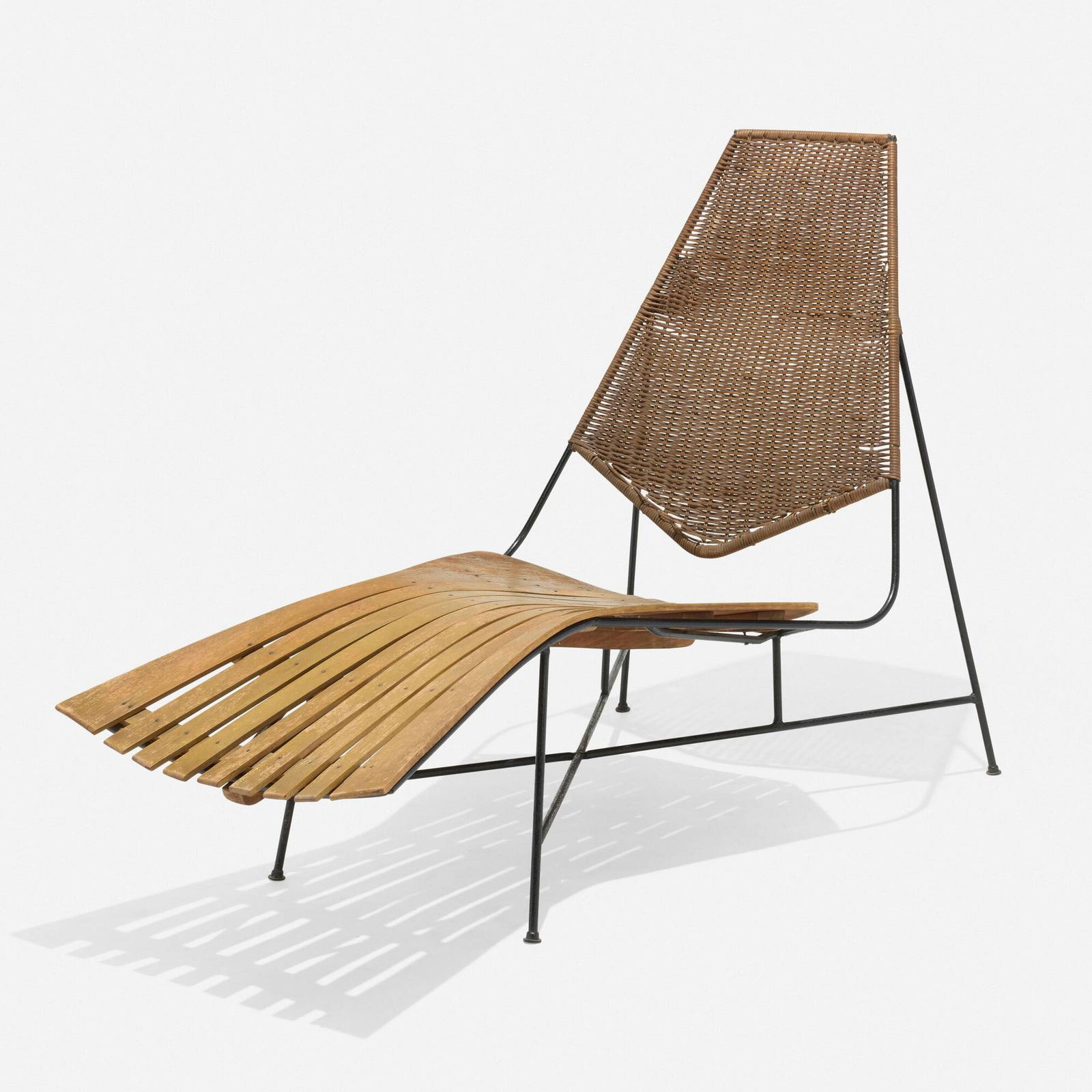 Arthur Umanoff, Chaise lounge: Arthur Umanoff Chaise lounge Shaver HowardUSA, c. 1955painted iron, wood, rattan 39 h x 29 w x 54.5 d in (99 x 74 x 138 cm) This work will ship from Chicago, Illinois.