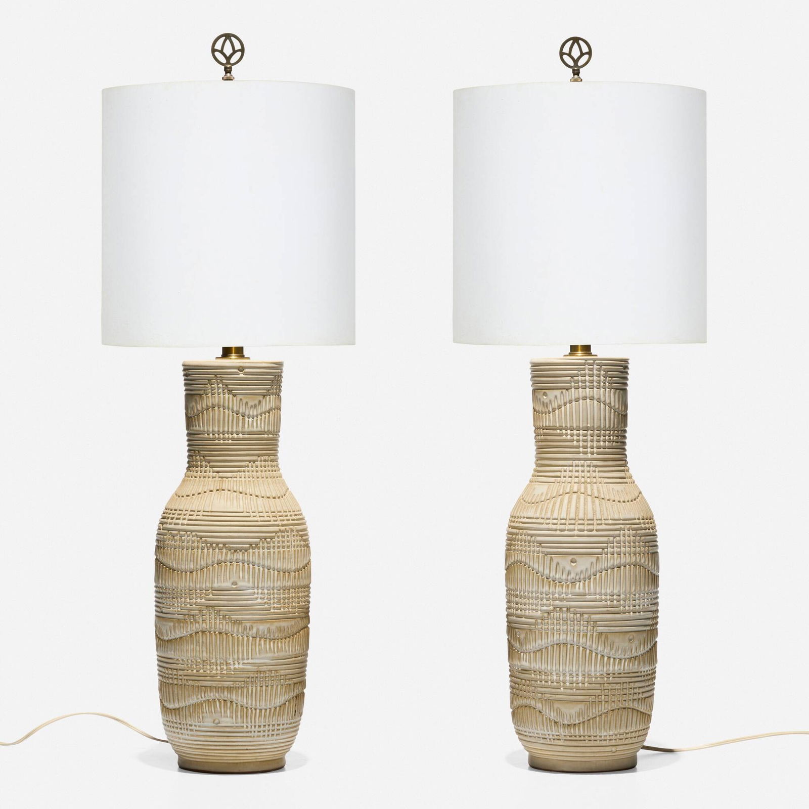 Leon Rosen, Table lamps, pair: Leon Rosen Table lamps, pair Design TechnicsUSA, c. 1960glazed and carved earthenware 33.5 h x 7 dia in (85 x 18 cm) This work will ship from Lambertville, New Jersey.