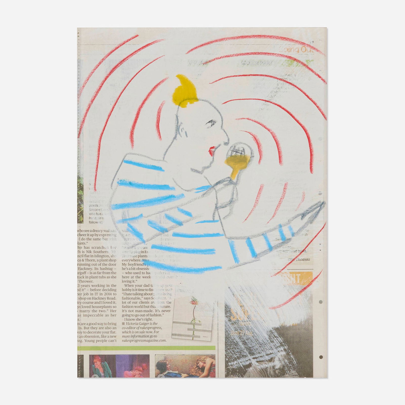 Marcel Dzama and Oscar Murillo, Untitled: Marcel Dzama and Oscar Murillo Untitled 2016crayon and acrylic on newsprint 11.75 h x 8.5 w in (30 x 22 cm) This work was created during the multi-day performance Room Services. This co