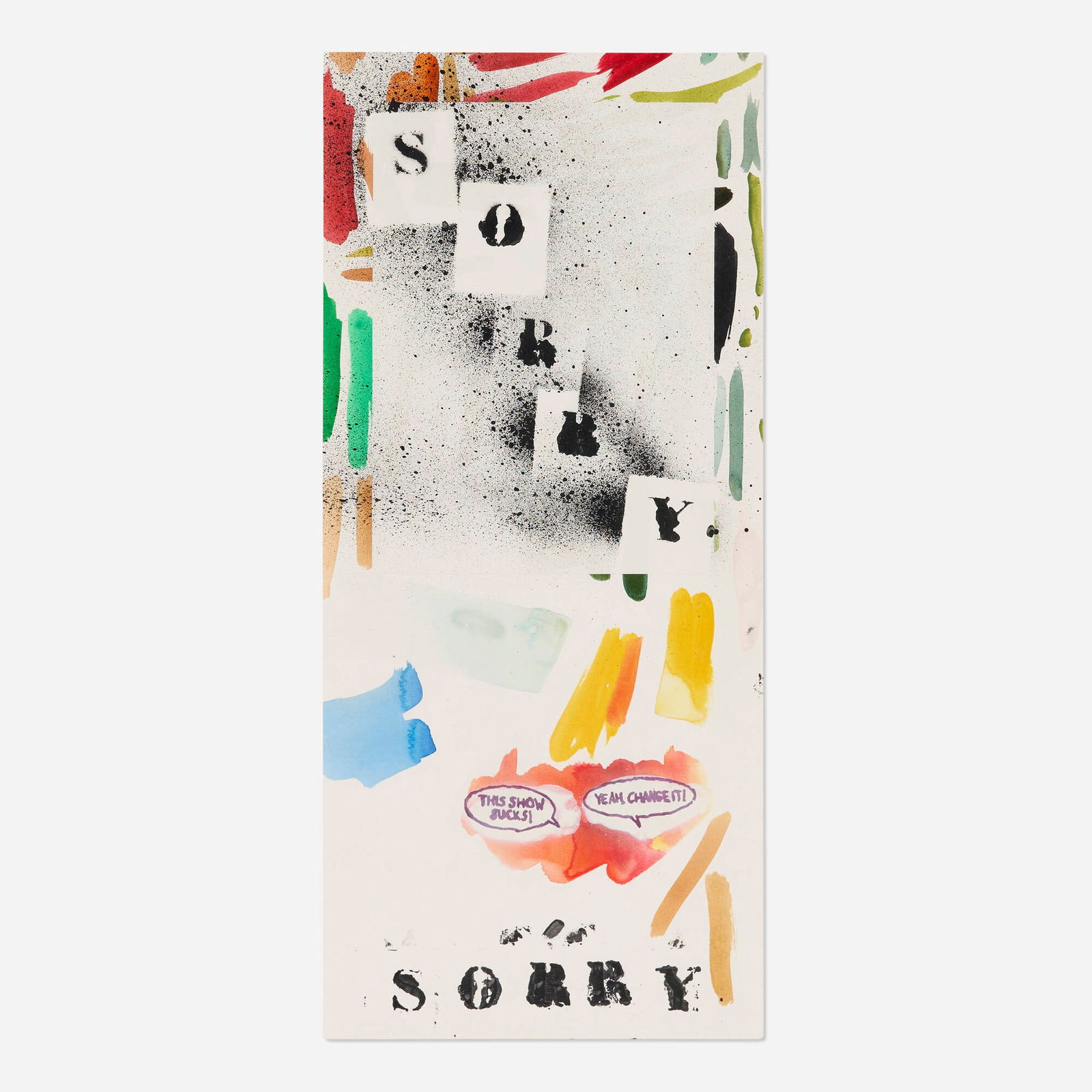 Dave Muller, Untitled (This Show Sucks): Dave Muller Untitled (This Show Sucks) 2015watercolor and mixed media on paper 18.75 h x 8.875 w in (48 x 23 cm) Provenance: Acquired directly from the artist by the present o