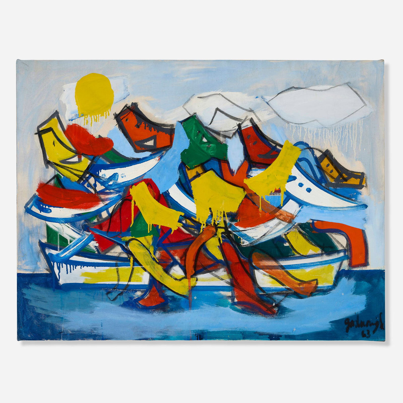 Robert Goodnough, Happy Boatride: Robert Goodnough Happy Boatride 1963oil on canvas 27.5 h x 36.25 w in (70 x 92 cm) Signed and dated to lower right 'Goodnough 63'. This work will ship from Chicago, Illinoi