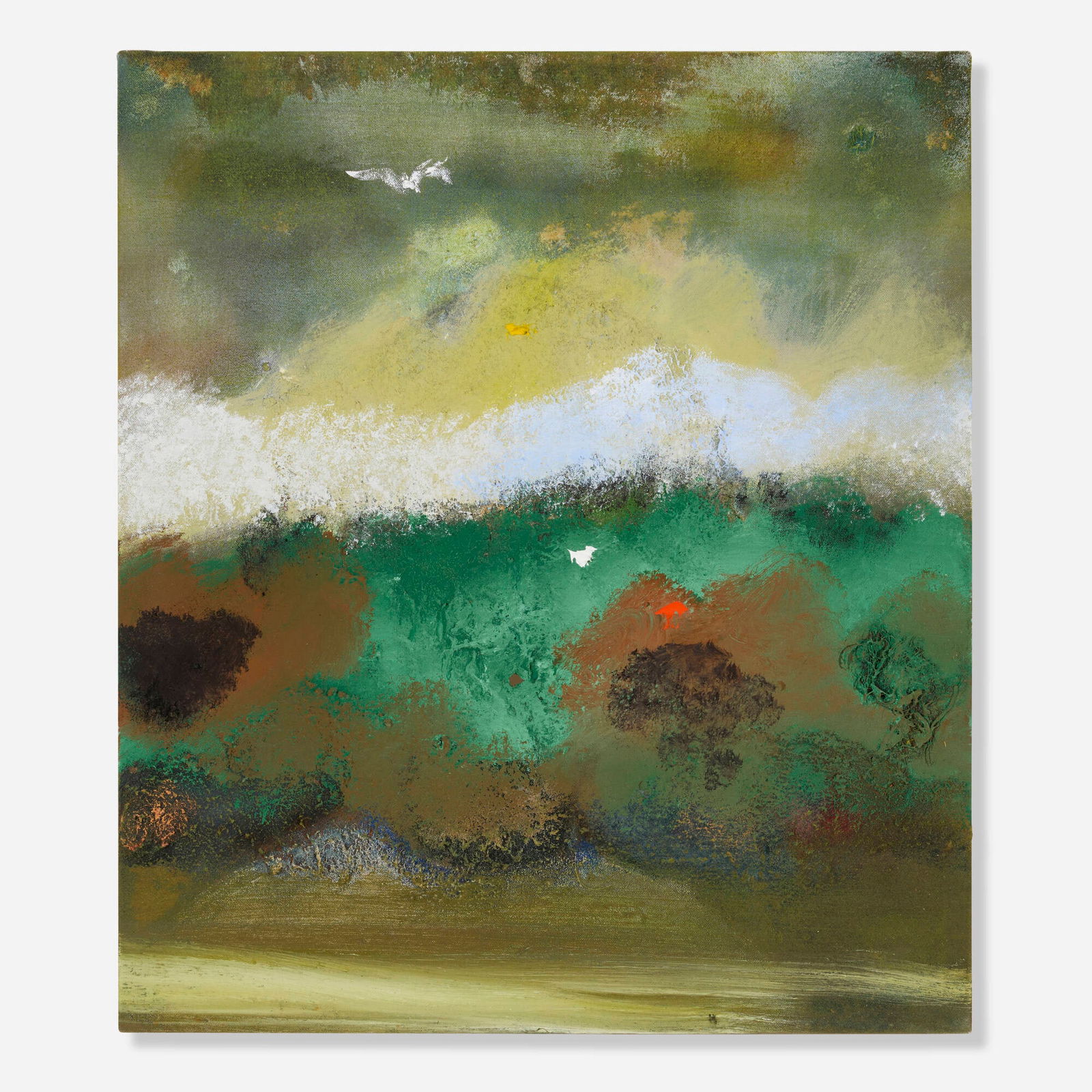 Merlin James, Cloud + Foliage: Merlin James Cloud + Foliage 2003acrylic and mixed media on canvas 25.125 h x 22 w in (64 x 56 cm) Signed, titled and dated to verso '2003 Merlin James Cloud + Foliage'. Provena