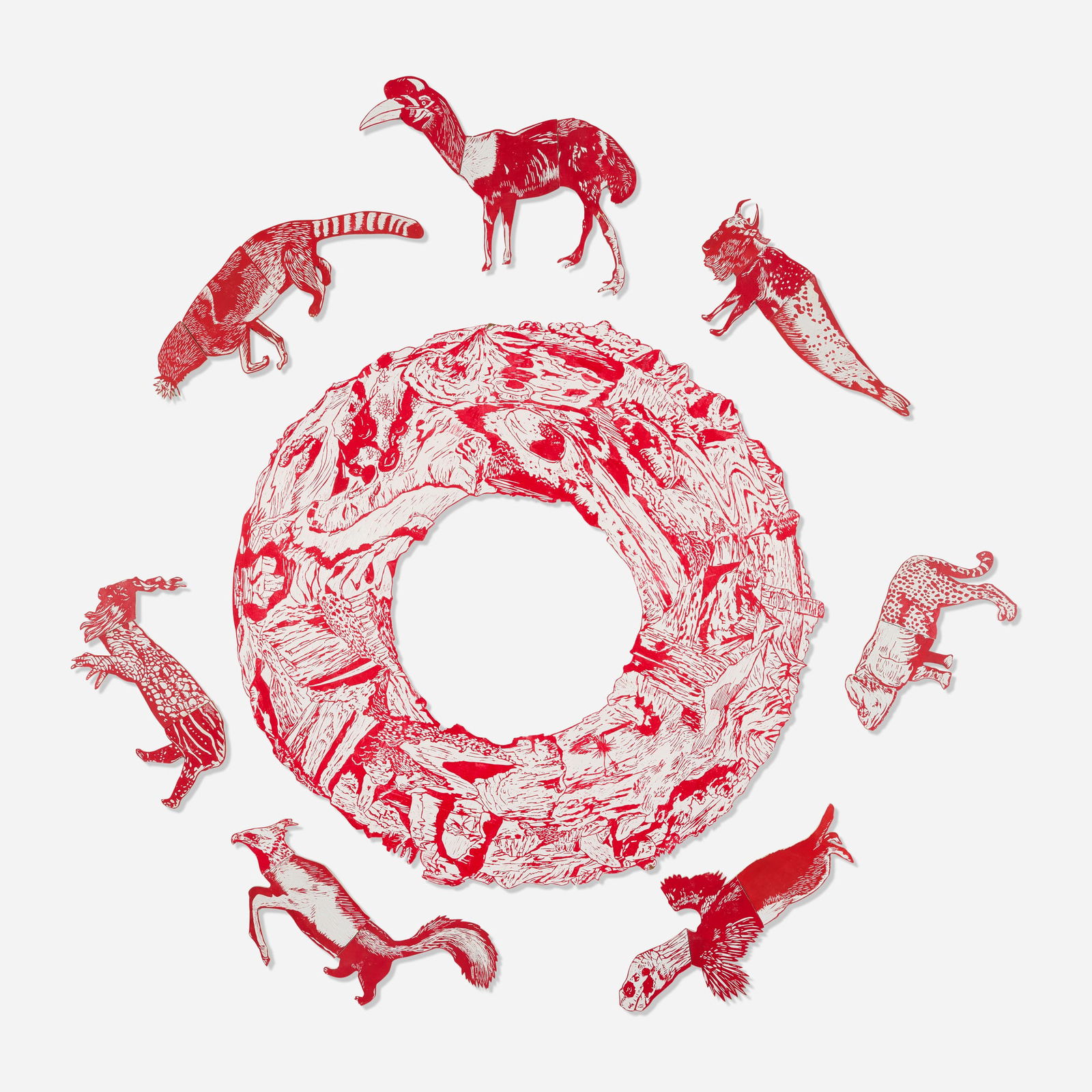 Kenichi Yokono, The Circle of Landscape: Kenichi Yokono The Circle of Landscape 2004-06carved wood, enamel and tape ring: 33.75 h x 35 w x 0.25 d in (86 x 89 x 1 cm) largest animal: 13.625 h x 15.75 w x 0.25 d in (35 x 40 x 1 cm) smal