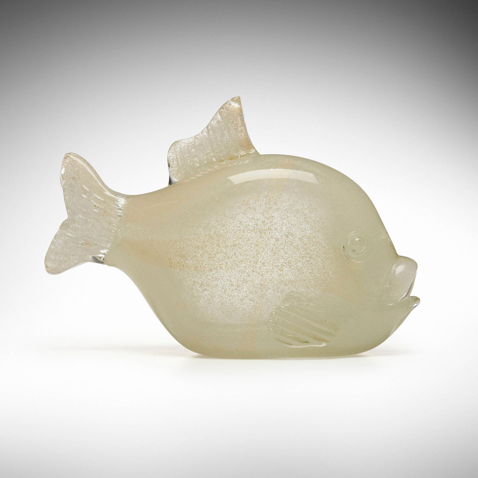 Tyra Lundgren, Fish, model 2603: Tyra Lundgren Fish, model 2603 VeniniSweden / Italy, 1938bollicine glass with gold inclusions 8 h x 21 w x 4.5 d in (20 x 30 x 11 cm) Signed with two-line acid stamp to underside 'Venini