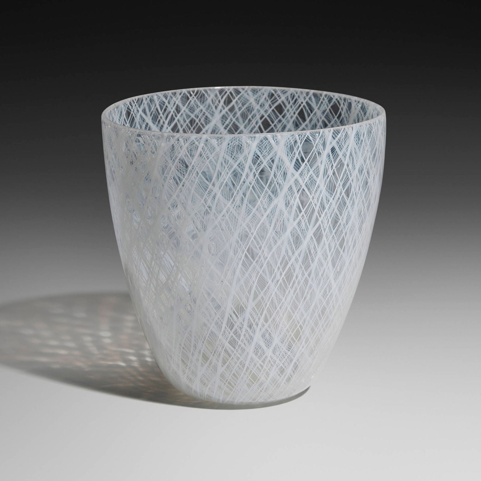 Paolo Venini, Zanfirico vase, model 3545: Paolo Venini Zanfirico vase, model 3545 VeniniItaly, c. 1951internally-decorated glass with controlled air bubbles 4.75 h x 4.75 w x 4 d in (12 x 12 x 10 cm) Signed with three-line acid