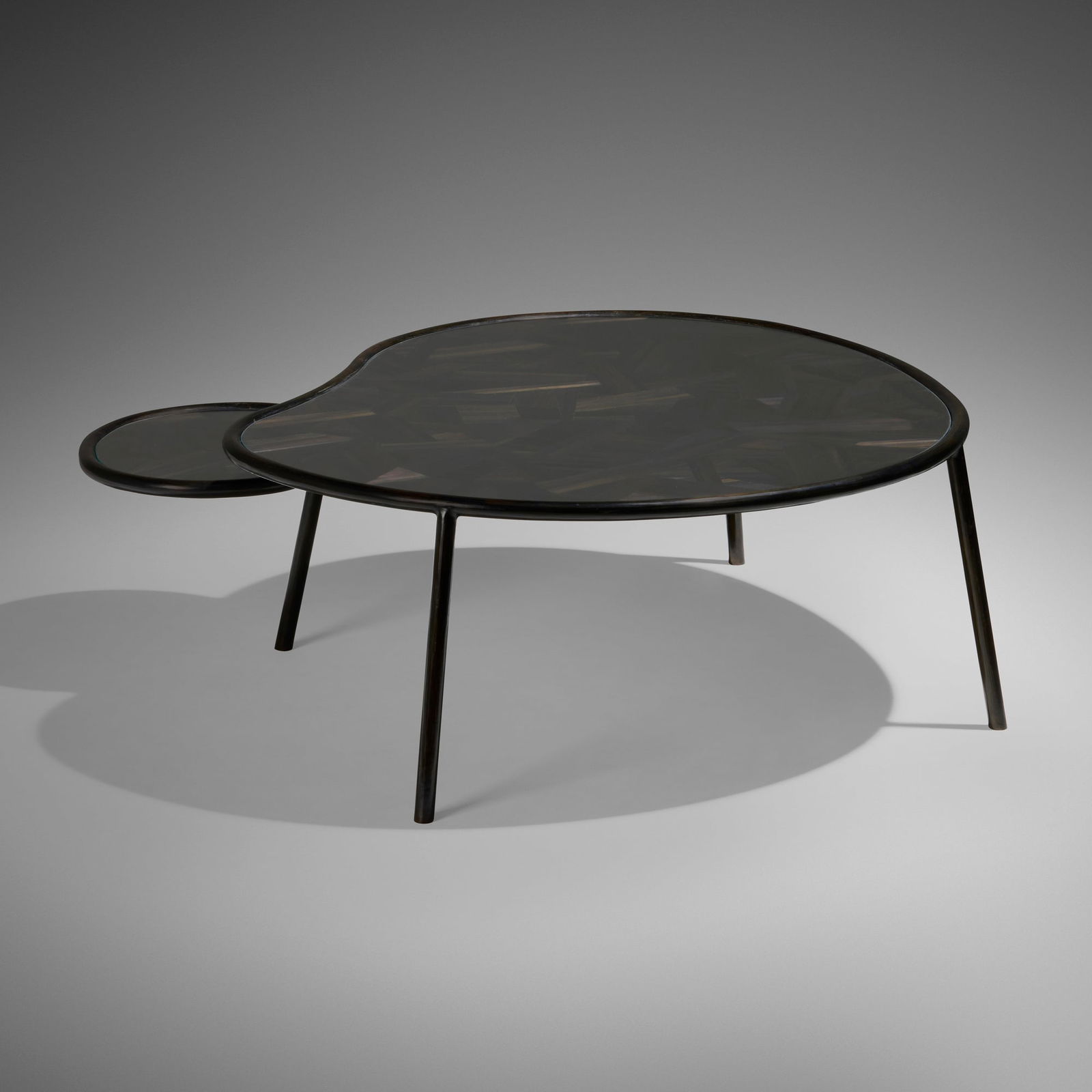 Fernando and Humberto Campana, Marquetry Animal Center table: Fernando and Humberto Campana Marquetry Animal Center table Brazil, 2016stained straw marquetry, patinated brass, glass 21.625 h x 52.75 w x 52.75 d in (55 x 134 x 134 cm) This work is from th