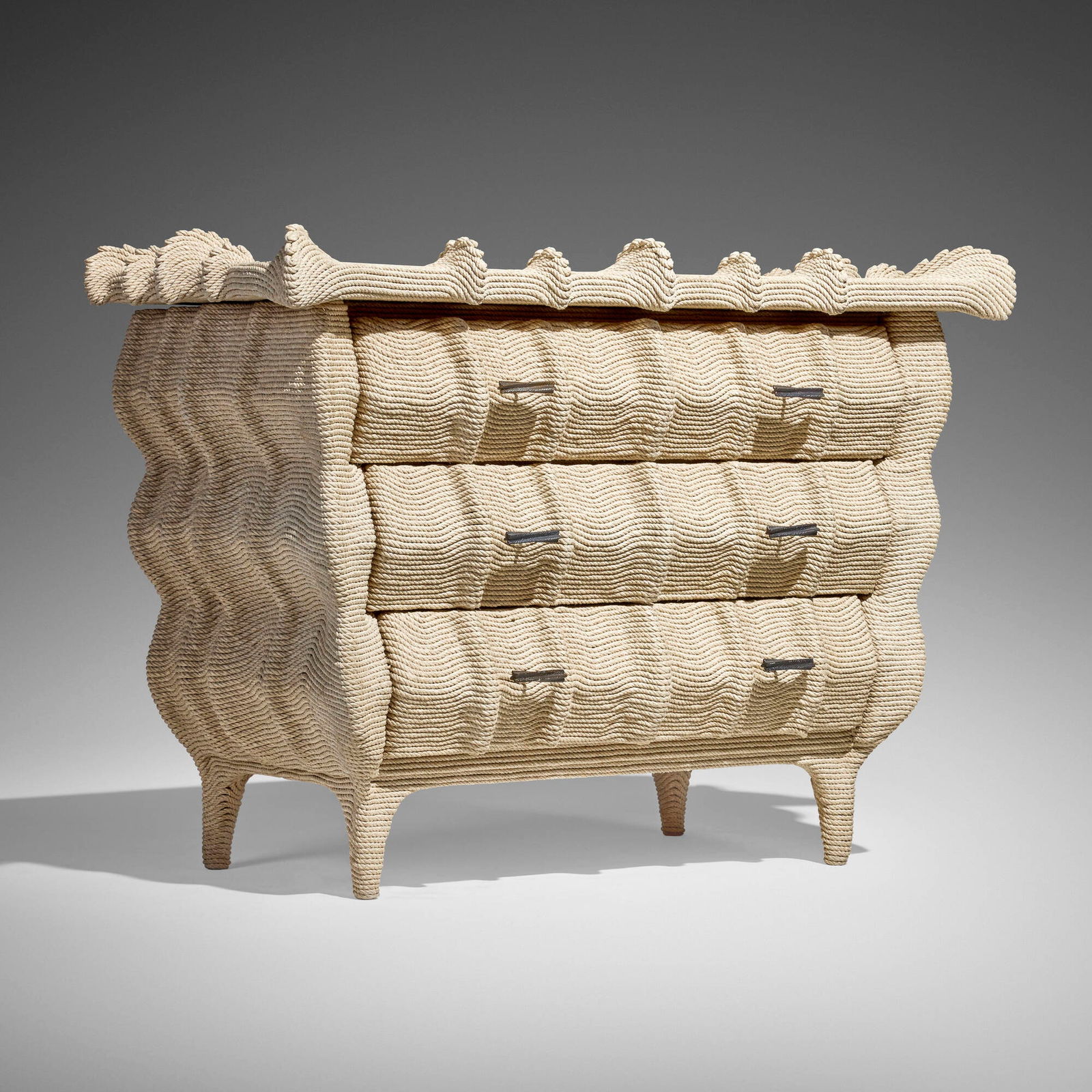 Christian Astuguevieille, Mitiko commode: Christian Astuguevieille Mitiko commode France, 1998 / 2000hemp rope, steel, oak 38 h x 52.25 w x 25.5 d in (97 x 133 x 65 cm) Commode features three drawers. Applied metal manufacturer's labe