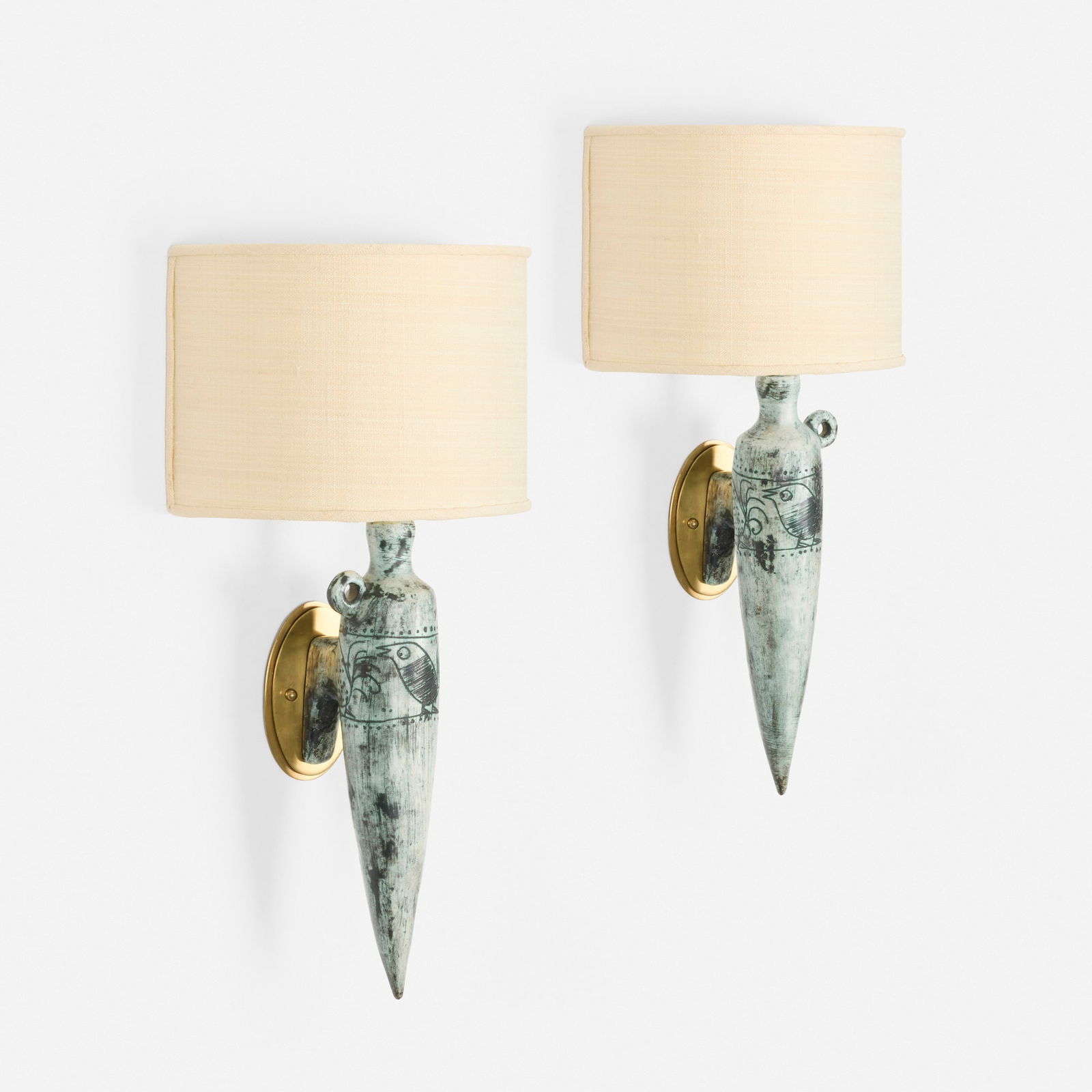 Jacques Blin, Amphora wall sconces, pair: Jacques Blin Amphora wall sconces, pair France, c. 1950glazed stoneware, linen shades, brass 18.875 h x 9.75 w x 6 d in (48 x 25 x 15 cm) Provenance: Maison Gerard, New York |