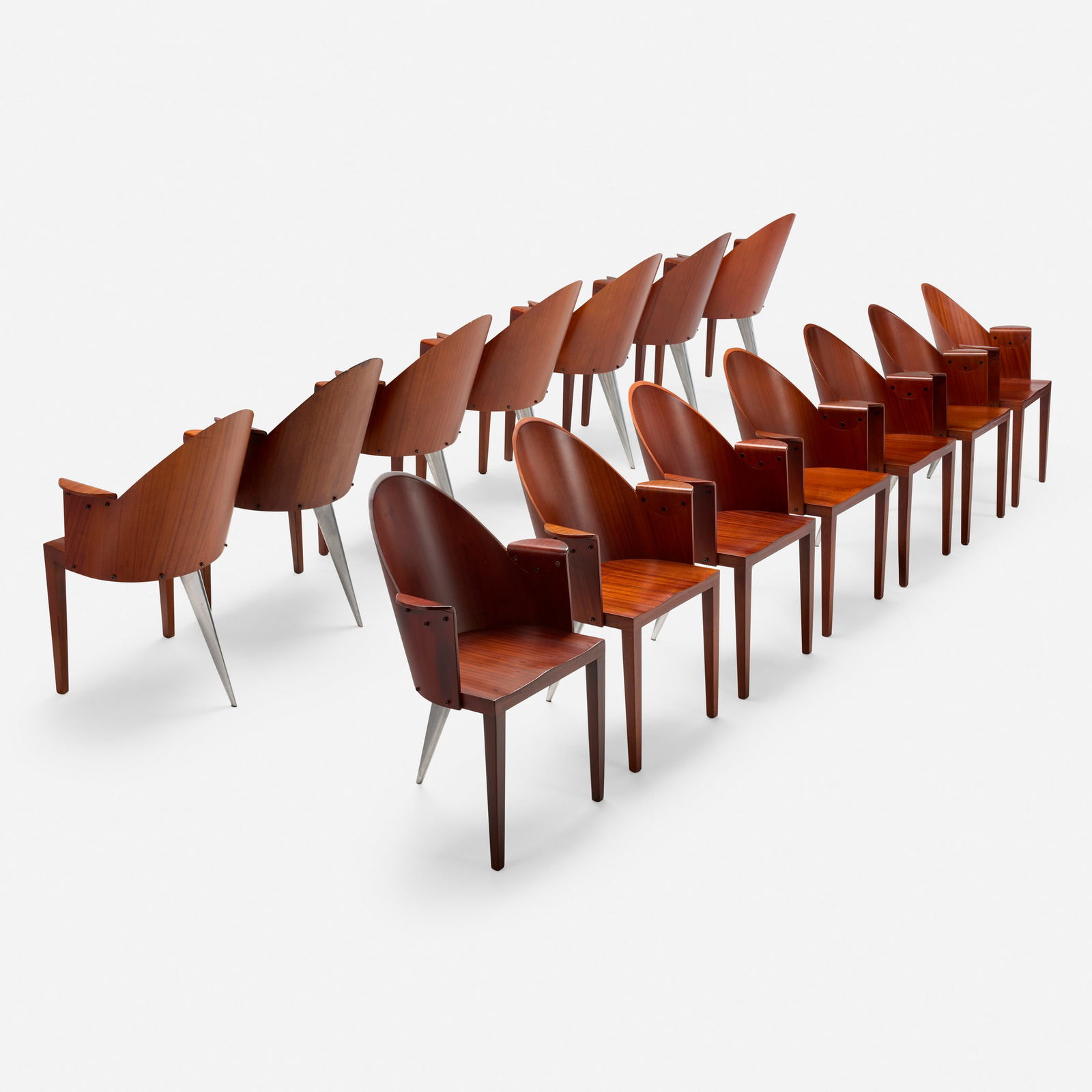 Philippe Starck, Dining chairs from the Royalton Hotel, New York, set of fourteen: Philippe Starck Dining chairs from the Royalton Hotel, New York, set of fourteen Driade AlephFrance, 1988pau rosa plywood, cast aluminum 34.25 h x 22.25 w x 21 d in (87 x 57 x 53 cm) Dec