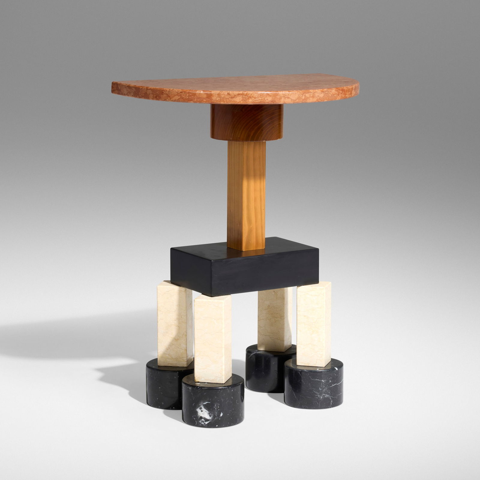 Ettore Sottsass, Demistella console table: Ettore Sottsass Demistella console table UP & UPItaly, c. 1990Rossa Verona, Botticinni, and Nero Marquina marble, mahogany, lacquered wood 31.5 h x 23.5 w x 15 d in (80 x 60 x 38 cm)