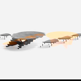 George Nakashima, Origins coffee table, model 260-W and step tables model 242-W, set of four: George Nakashima Origins coffee table, model 260-W and step tables model 242-W, set of four WiddicombUSA, 1958walnut 13 h x 36 dia in (33 x 91 cm) 6 h x 13 w x 13.75 d in (15 x 33 x 35 cm)
