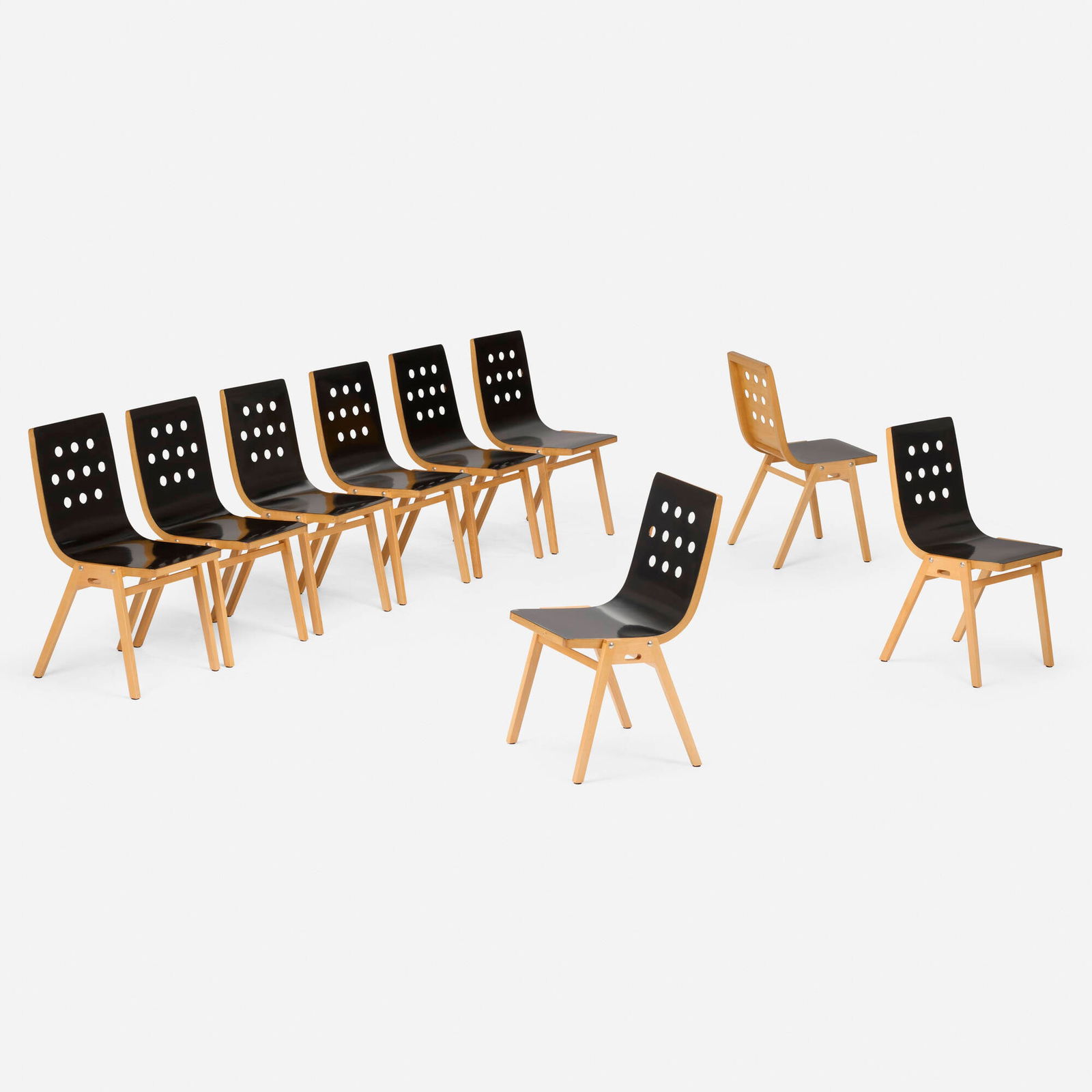 Roland Rainer, 3/4/3 chairs for Wiener Stadthalle, Vienna, set of nine: Roland Rainer 3/4/3 chairs for Wiener Stadthalle, Vienna, set of nine WilkhahnAustria / Germany, c. 1953 / c. 1965beech, sycamore, stained wood, steel 32 h x 17.75 w x 21 d in (81 x 45 x 53 cm)