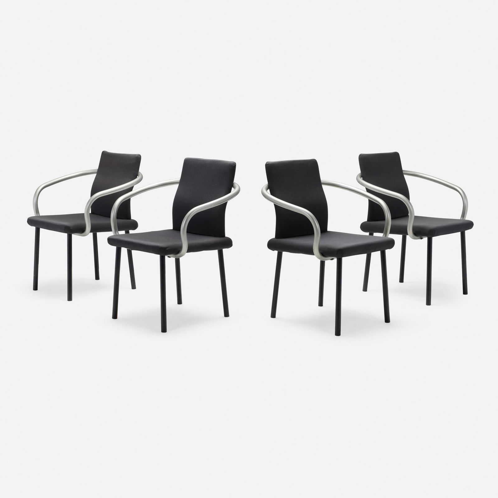 Ettore Sottsass, Mandarin armchairs, set of four: Ettore Sottsass Mandarin armchairs, set of four Knoll InternationalItaly / USA, 1986enameled and powder-coated steel, stretch jersey fabric 32.5 h x 26 w x 24 d in (83 x 66 x 61 cm)