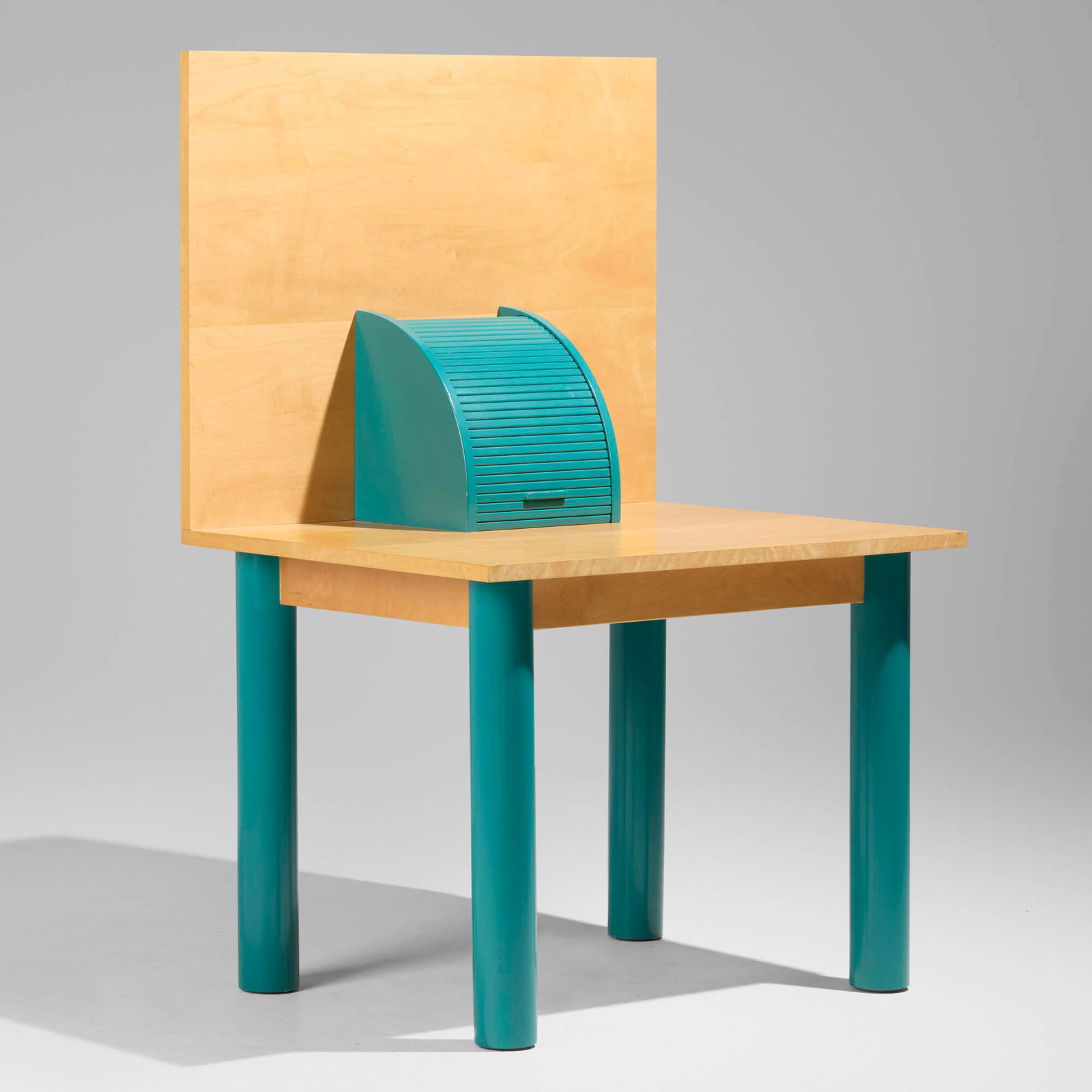 Shiro Kuramata, Ritz Scrittoio desk: Shiro Kuramata Ritz Scrittoio desk MemphisJapan / Italy, 1981birch plywood, lacquered wood 61 h x 40 w x 32.25 d in (155 x 102 x 82 cm) Desk features a small roll-top compartment conceal