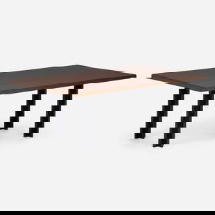 Peter Mielach, Unique dining table: Peter Mielach Unique dining table USA, c. 2000oak, lacquered steel 28 h x 94.75 w x 45 d in (71 x 241 x 114 cm) This work will ship from Lambertville, New Jersey.