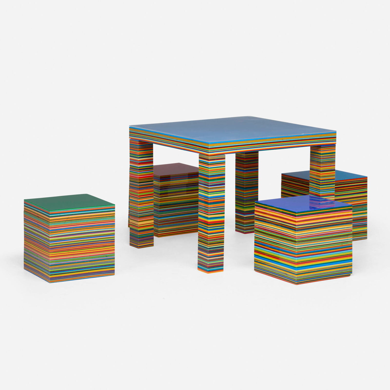 Maider Lopez, Mesa y bancos: Maider Lopez Mesa y bancos 2005methacrylate table: 31.5 h x 31.5 w x 26.875 d in (80 x 80 x 68 cm) bench: 13.375 h x 13.375 w x 14.125 d in (34 x 34 x 36 cm) Work is comprised of one table