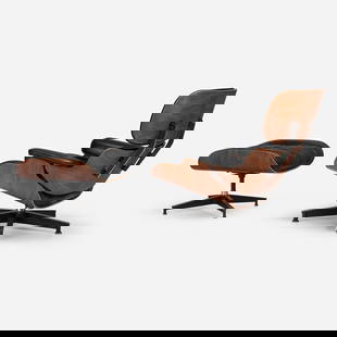 Charles and Ray Eames, 670 lounge chair and 671 ottoman: Charles and Ray Eames 670 lounge chair and 671 ottoman Herman MillerUSA, 1956 / 1964rosewood plywood, leather, brushed and enameled aluminum, rubber chair: 31.75 h x 33 w x 34 d in (81 x 84 x 8