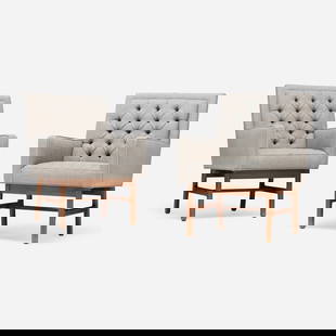Milo Baughman, Armchairs, pair: Milo Baughman Armchairs, pair USA, c. 1955Holly Hunt linen upholstery, walnut 35.5 h x 25 w x 25 d in (90 x 63 x 63 cm) This work will ship from Los Angeles, California.