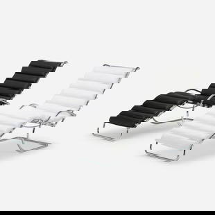 Ludwig Mies van der Rohe, Chaise lounges model 259, pair: Ludwig Mies van der Rohe Chaise lounges model 259, pair Knoll InternationalGermany / USA, 1927 / c. 1980chrome-plated steel, leather 37.5 h x 26 w x 68 d in (95 x 66 x 173 cm) Lounges fe