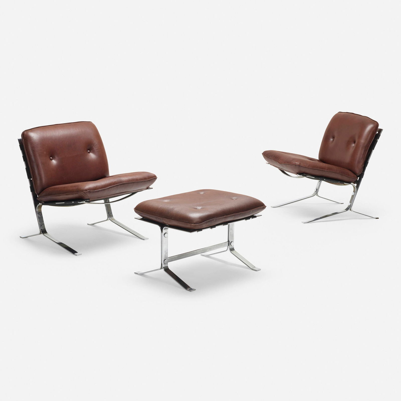 Olivier Mourgue, Joker lounge chairs, pair and ottoman: Olivier Mourgue Joker lounge chairs, pair and ottoman Airborne InternationalFrance, c.1970chrome-plated steel, leather chair: 29 h x 25 w x 28.5 d in (74 x 63 x 72 cm) ottoman: 17 h x 25 w x
