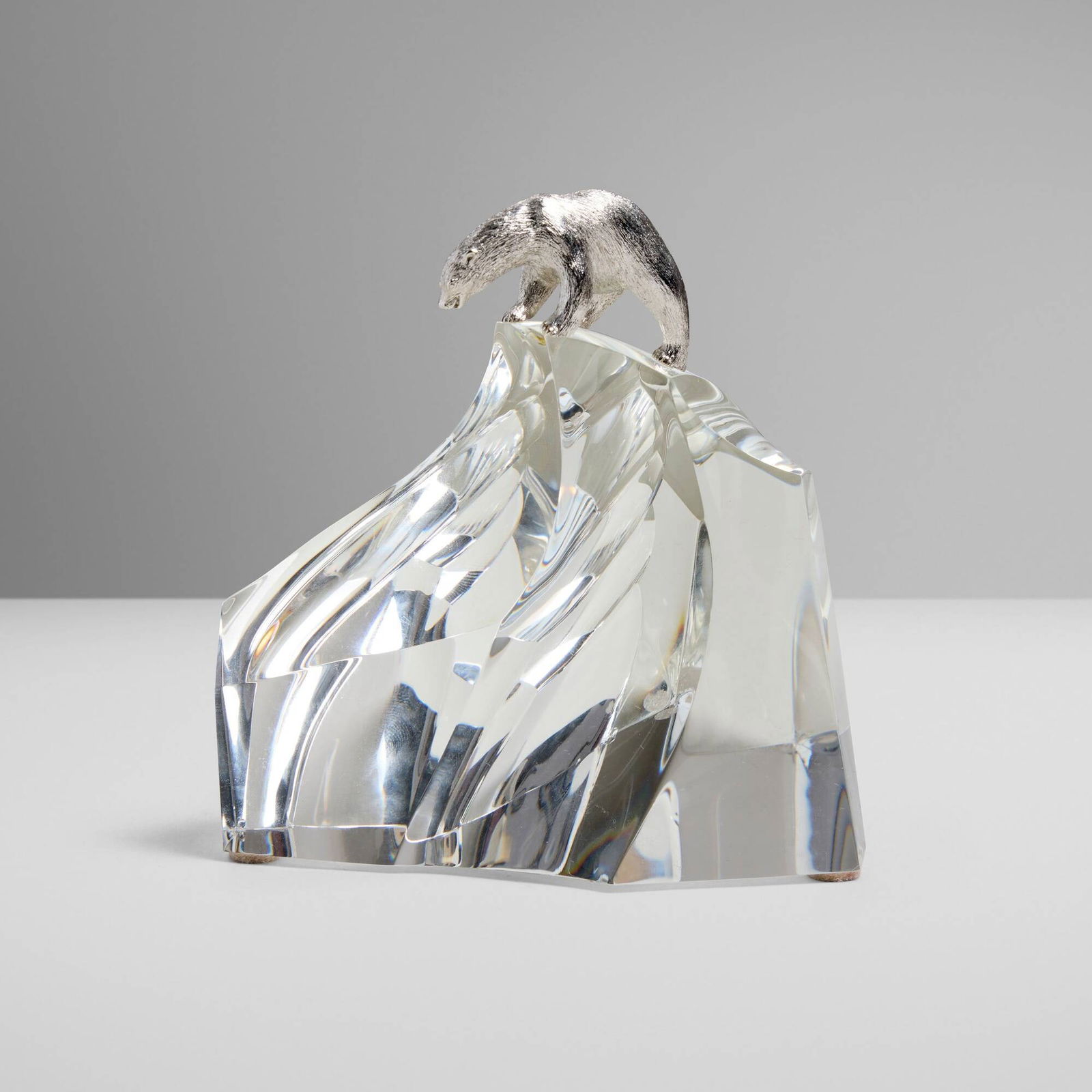 James Houston for Steuben, Ice Bear: James Houston for Steuben Ice Bear USA, c. 1970lead glass, rhodium-plated sterling silver 5.375 h x 5 w x 4.75 d in (14 x 13 x 12 cm) Incised manufacturer's mark to underside 'Steuben' with im