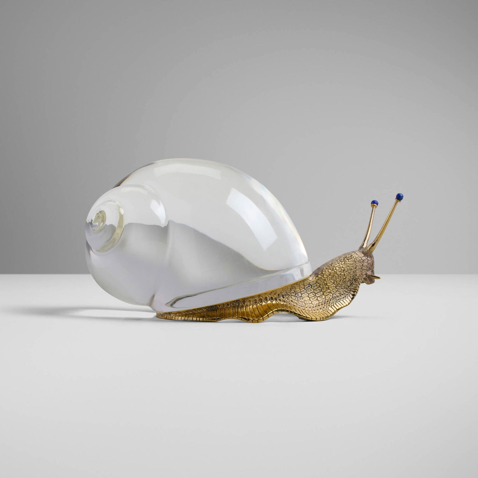 Paul Schulze for Steuben, Snail: Paul Schulze for Steuben Snail USA, 1971lead glass, sterling silver gilt, lapis lazuli 3.5 h x 6.75 w x 3.5 d in (9 x 17 x 9 cm) Impressed manufacturer's mark to underside 'Sterling Steuben'.<