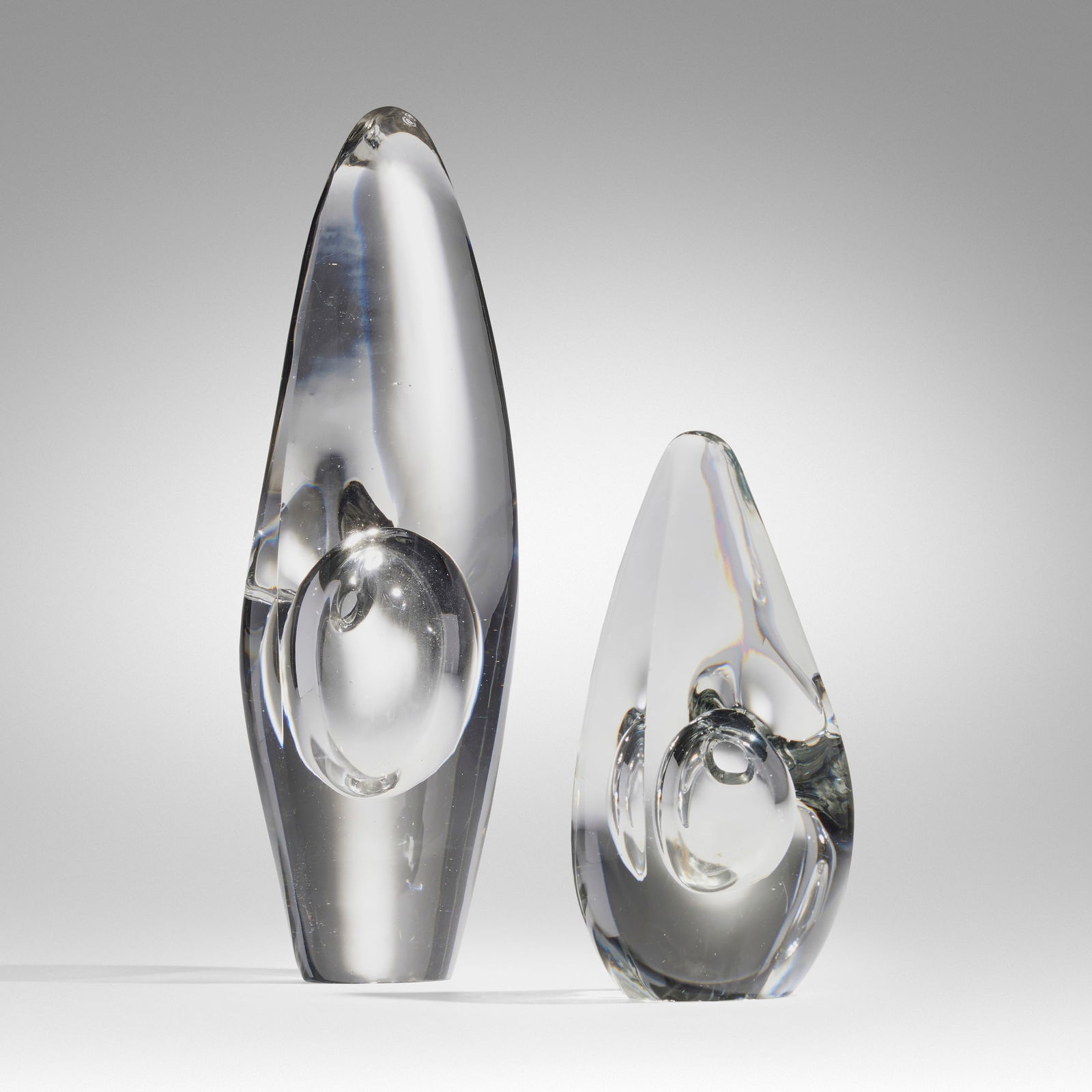 Timo Sarpaneva, Orkidea vases, set of two: Timo Sarpaneva Orkidea vases, set of two IittalaFinland, 1955glass 13.25 h x 4.25 dia in (34 x 11 cm) 8 h x 3.75 dia in (20 x 10 cm) Etched signature and date to underside of each exa