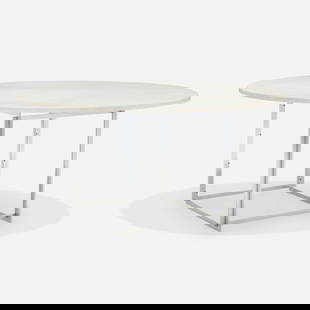 Poul Kjaerholm, PK 54 dining table: Poul Kjaerholm PK 54 dining table Fritz HansenDenmark, 1963 / c. 1985flint-rolled Cippolino marble, matte chrome-plated steel 25.75 h x 54.75 dia in (65 x 139 cm) Impressed manufacturer'