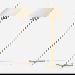 Svend Aage Holm-Sorensen, Floor lamps, pair: Svend Aage Holm-Sorensen Floor lamps, pair Holm Sorensen & Co.Denmark, c. 1950brass, linen shades 60 h x 17 dia in (152 x 43 cm) This work will ship from Chicago, Illinois.<