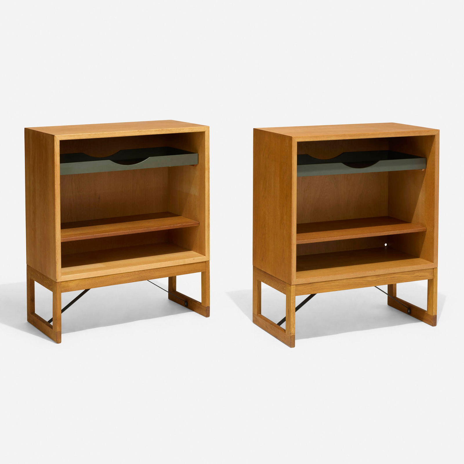 Borge Mogensen, Cabinets, pair: Borge Mogensen Cabinets, pair Karl Andersson & SonerDenmark / Sweden, c. 1955oak, painted wood, steel 33 h x 27 w x 14.25 d in (84 x 69 x 36 cm) Cabinets each feature one adjustable draw