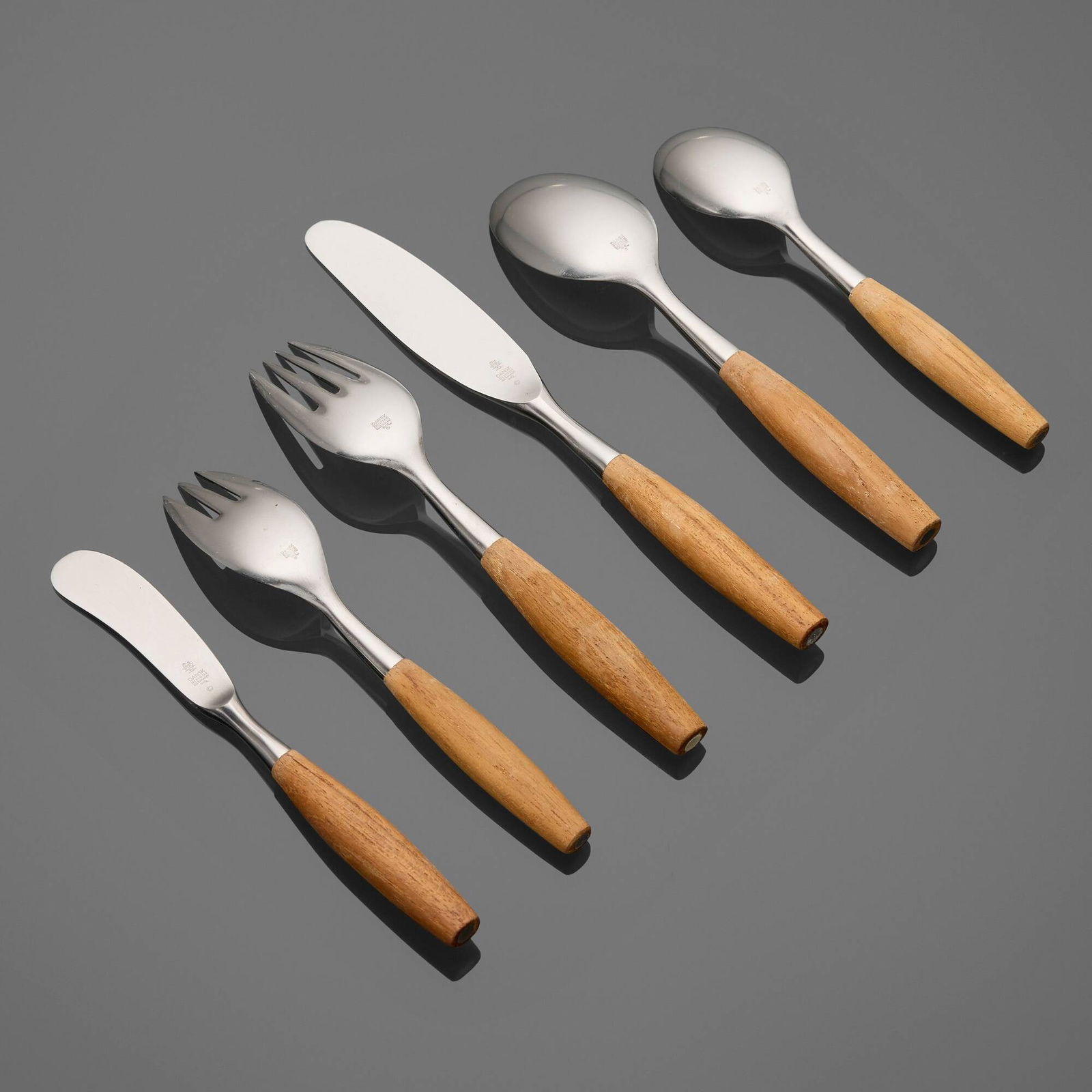 Jens Quistgaard, Fjord flatware: Jens Quistgaard Fjord flatware DanskDenmark / Germany, 1953 / c. 1980teak, stainless steel Complete six-piece service for twelve, plus four serving utensils; seventy-six pieces total. Impre