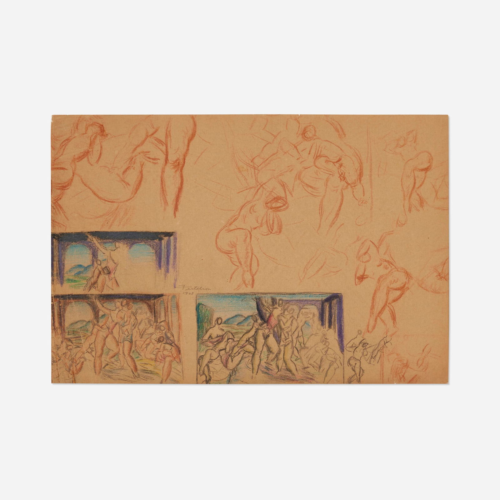 Lorser Feitelson, Studies for Bathers (The Pavilion): Lorser Feitelson Studies for Bathers (The Pavilion) 1923crayon on paper 11.125 h x 17.75 w in (28 x 45 cm) This work includes studies for the 1923 painting Bathers (The Pavilion), now i