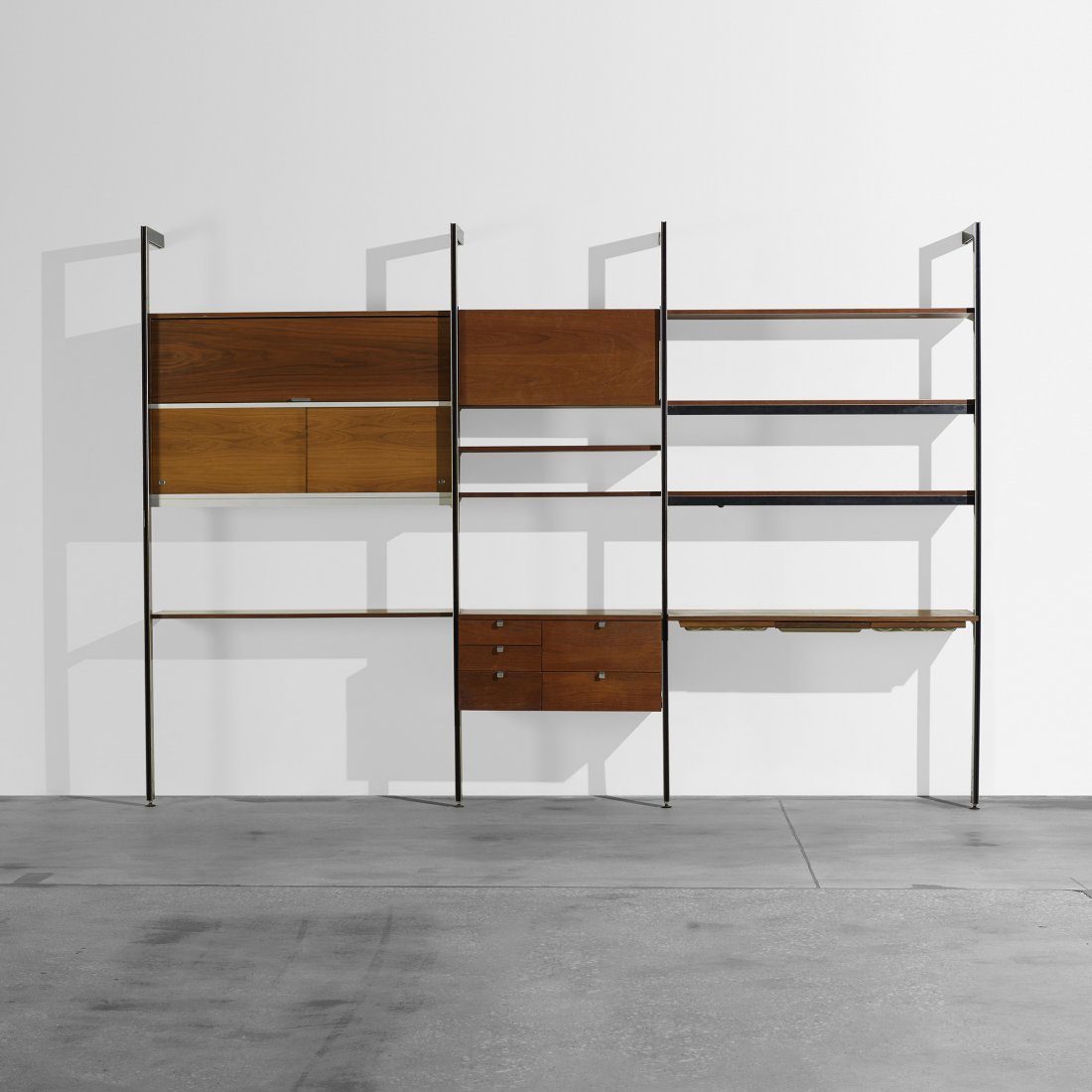 George Nelson & Associates CSS: George Nelson & Associates CSS (Comprehensive Storage System) Herman Miller USA, 1959 walnut, enameled aluminum, aluminum 129.5 w x 20 d x 90 h inches This CSS unit is comprised of four uprights, one 