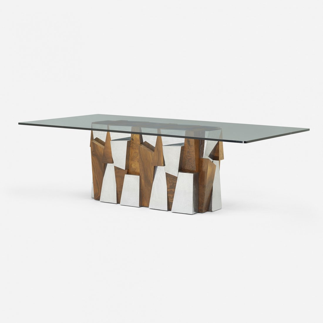 Paul Evans Faceted dining table: Paul Evans Faceted dining table Paul Evans Studio for Directional USA, c. 1970 maple burl, chrome-plated steel, brass, glass 96 w x 48 d x 29.25 h inches