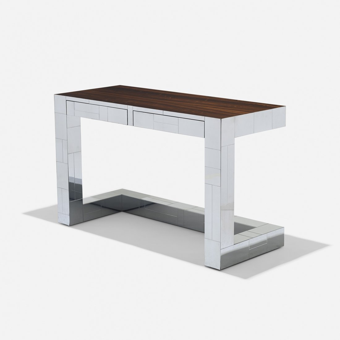 Paul Evans Cityscape console: Paul Evans Cityscape console Paul Evans Studio for Directional USA, c. 1970 chrome-plated steel, rosewood 48 w x 20 d x 29.5 h inches Console features two drawers. Impressed signature to base: [An Ori