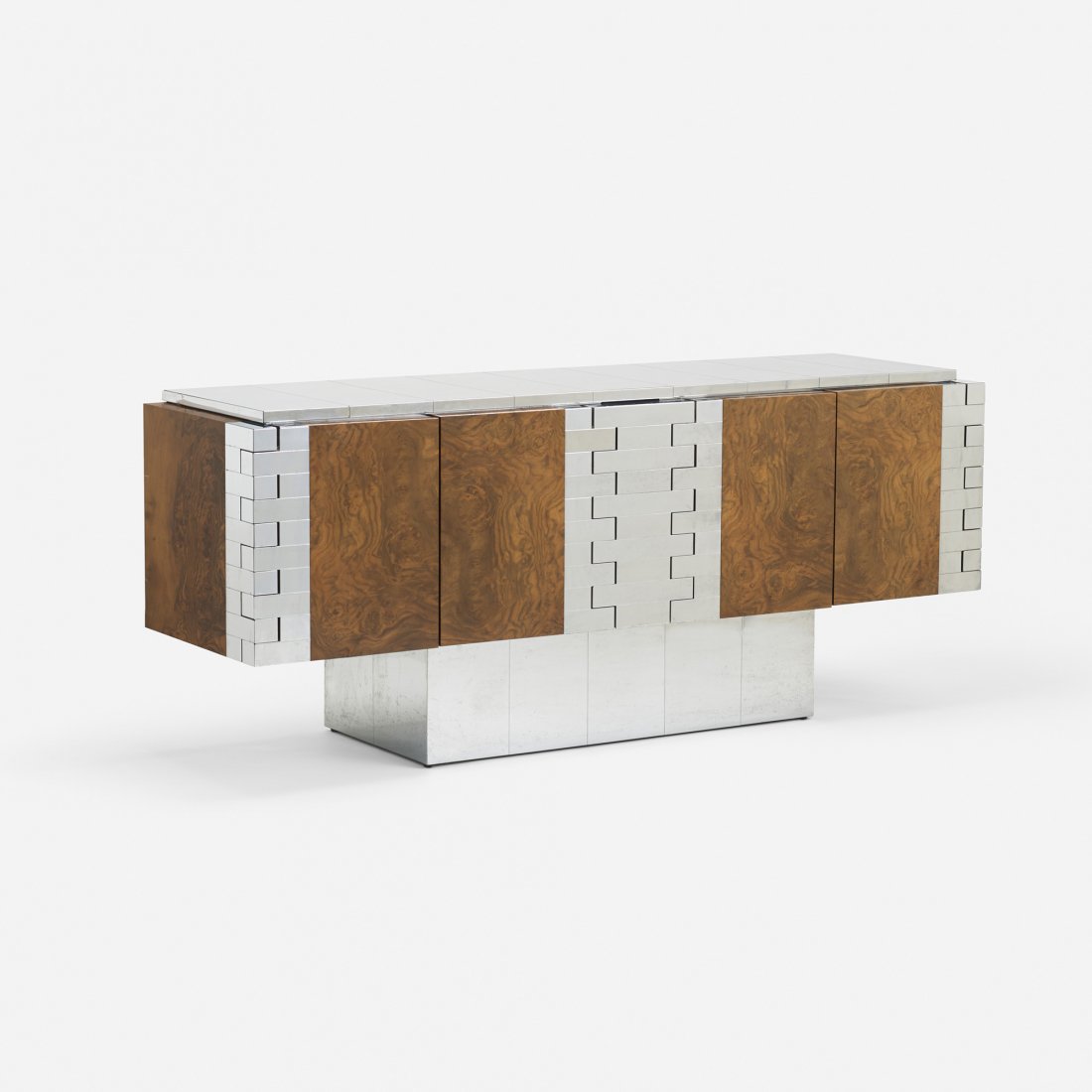 Paul Evans Cityscape cabinet: Paul Evans Cityscape cabinet Paul Evans Studio for Directional USA, c. 1970 burled maple, chrome-plated steel 76.25 w x 21.25 d x 31.25 h inches Cabinet features four doors concealing two adjustable s