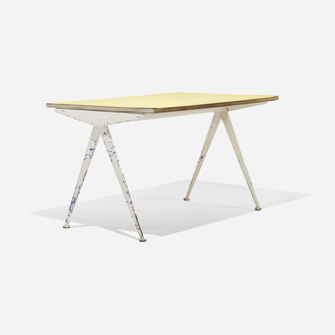 Jean Prouvé Compass table: Jean Prouvé Compass table Ateliers Jean Prouvé France, 1953 enameled steel, laminate 46.25 w x 31 d x 27.5 h inches Literature: Jean Prouvé, Complete Works Volume 3: 1944-1954, Sulzer, ppg. 268-269
